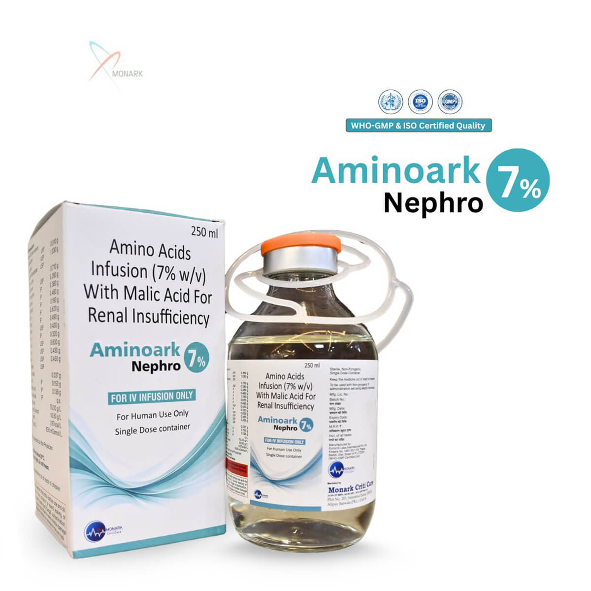Aminoark-NEPHRO 7% Infusion, Amino Acid Infusion 7% with Malic Acid for Renal Insufficiency, manufactured by Monark Criticare