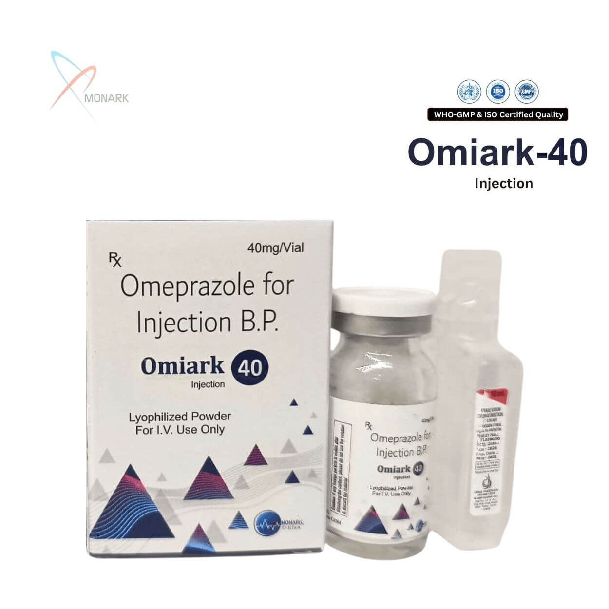 Omiark 40 Inj, Omeprazole 40 injection, manufactured by Monark Criticare
