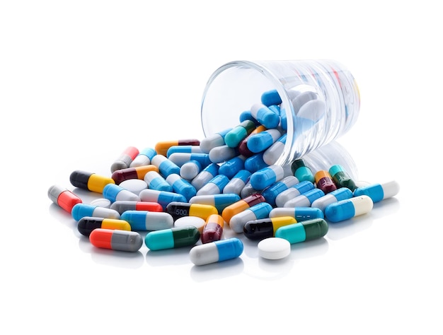 Pills capsules on white background