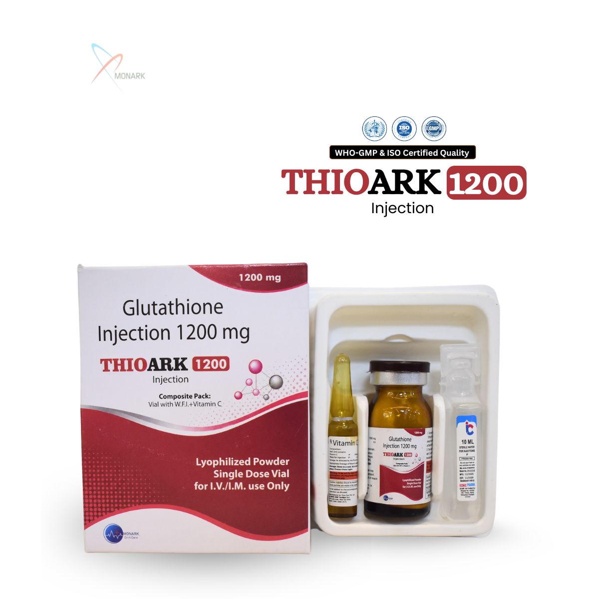 Thioark 1200 Inj, Glutathione 1200mg & Vitamin C Injection, manufactured by Monark Criticare