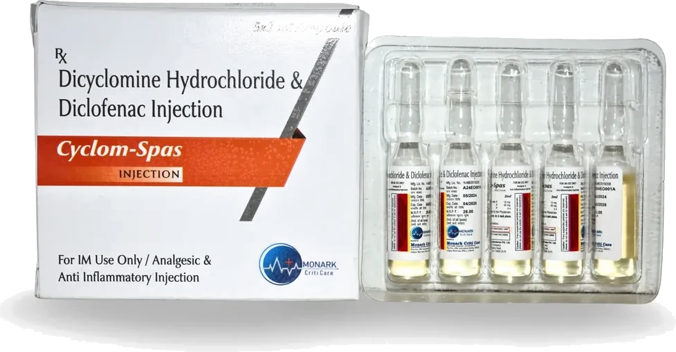 Cyclom-Spas, Dicyclomine Hydrochloride 10mg +Diclofenac 25mg Injection ( TRAY PACK )