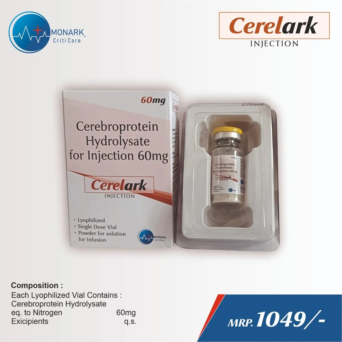 Cerelark, Cerebroprotein Hydrolysate Eq. to Nitrogen 60 mg Injection, manufactured by Monark Criticare