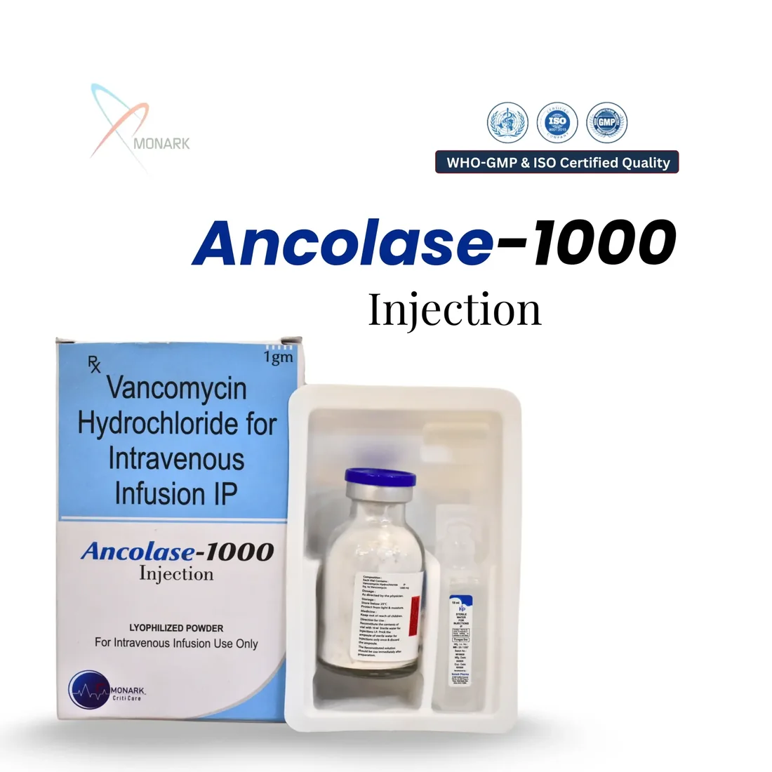 Ancolase-1000, Vancomycin Hydrochloride 1000 MG For Intravenous Infusion IP, manufactured by Monark Criticare