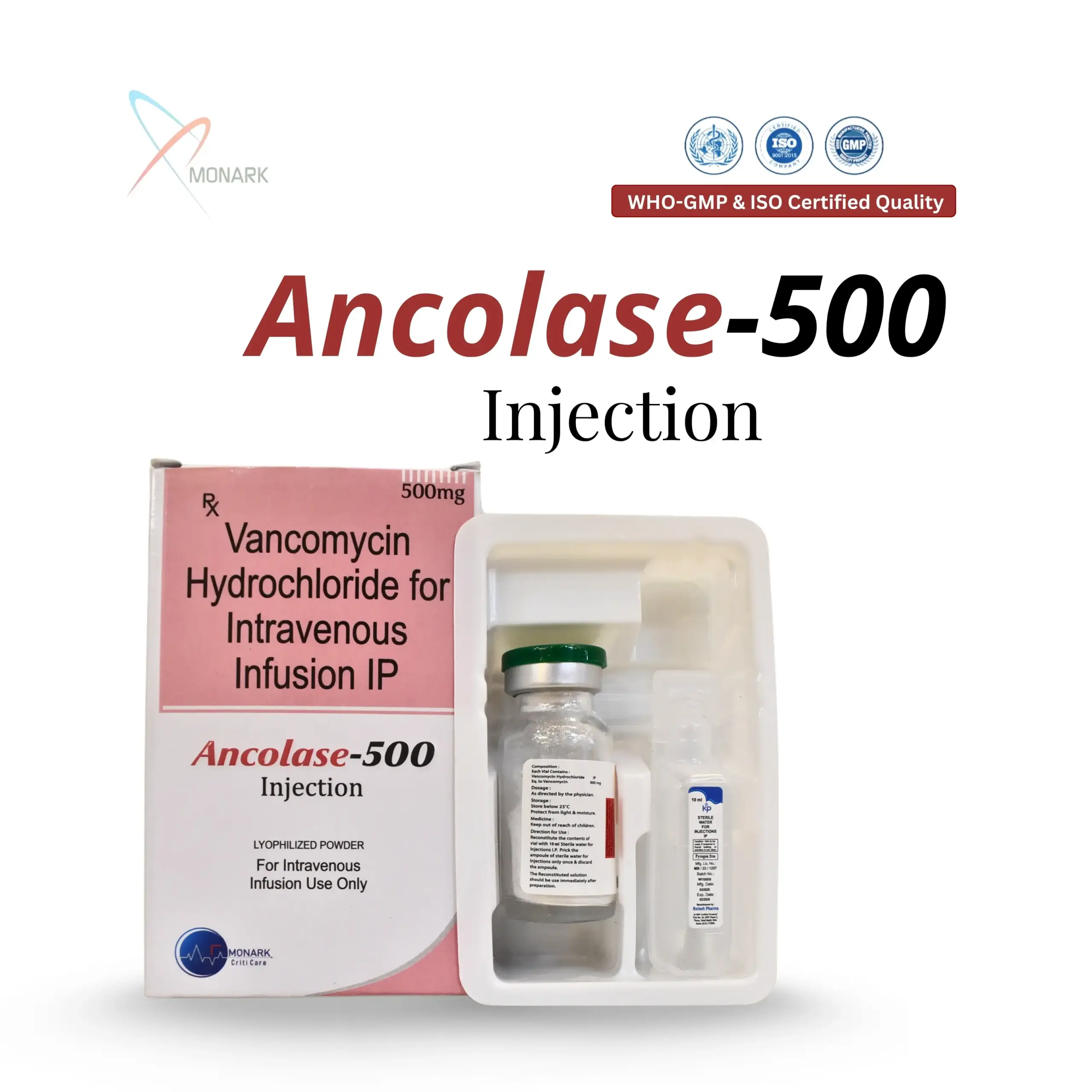 Ancolase-500 Vancomycin 500mg injection vial for IV infusion