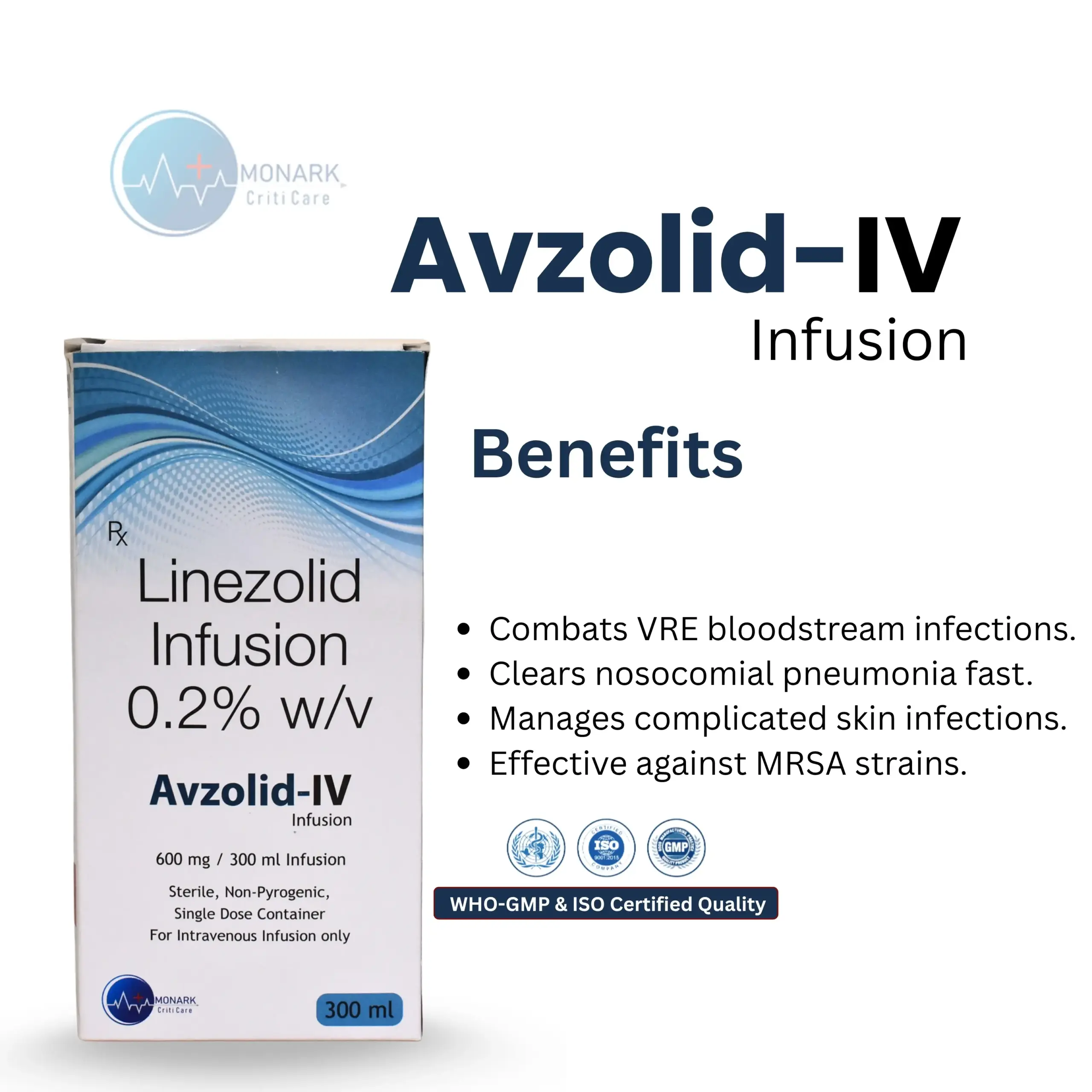 Avzolid IV Linezolid Infusion 0.2% w/v 300ML bottle for bacterial infection treatment